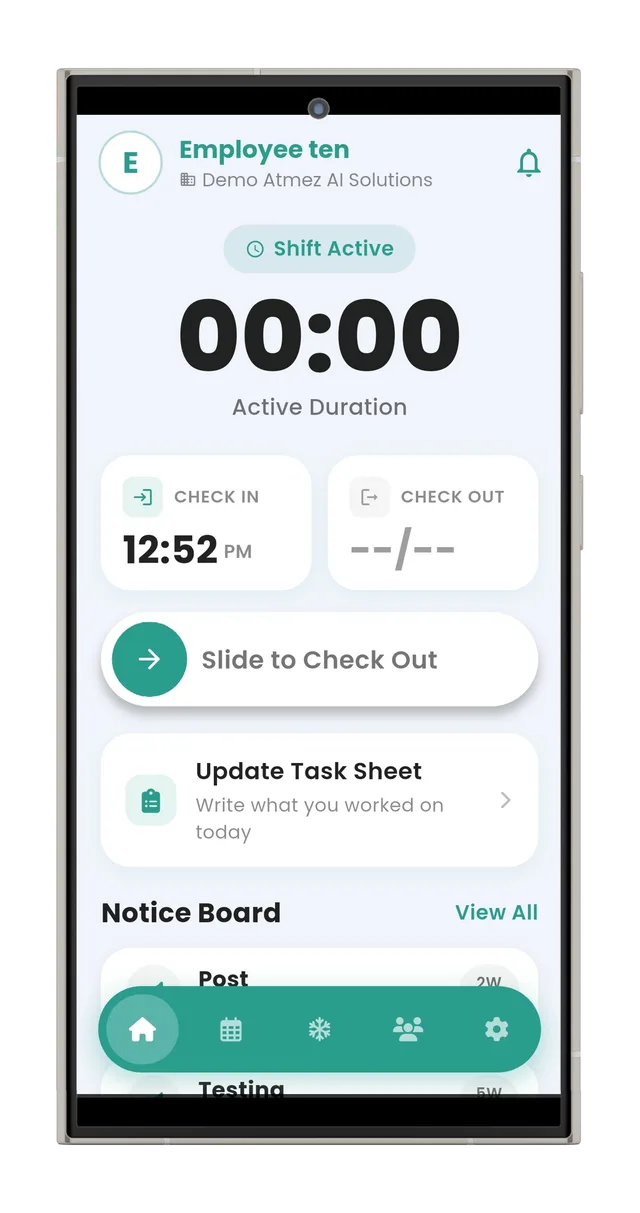 StaffSuite Go employee app home screen with check-in time and slide-to-check-out button